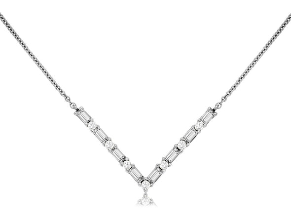Baguette and Round Diamond V Shaped Bar Pendant