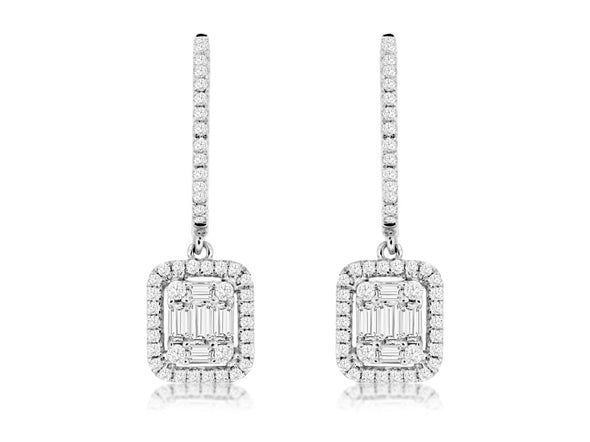 Round and Baguette Diamond Dangle Earrings