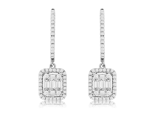 Round and Baguette Diamond Dangle Earrings