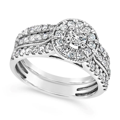 Diamond Halo and Double Shank Engagement Ring and Matching Wedding Band