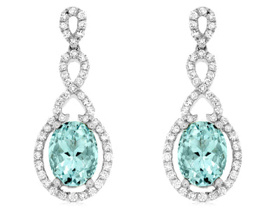 Oval Aquamarine and Swirl Diamond Halo Dangle Earrings