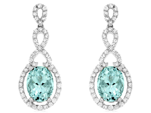 Oval Aquamarine and Swirl Diamond Halo Dangle Earrings