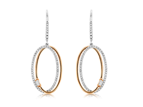 Open Oval Round and Baguette Diamond Dangle Earrings