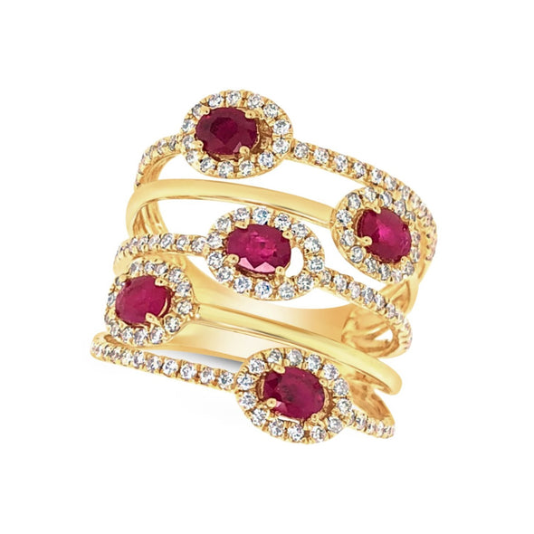 Five Row Ruby and Diamond Contemporary Ring