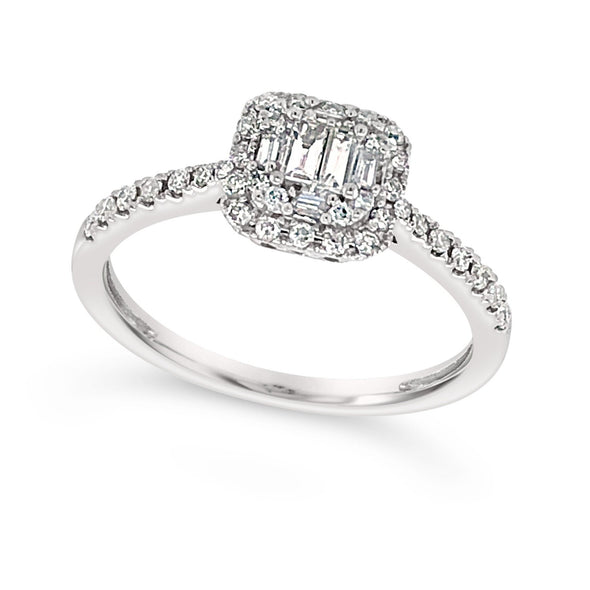 Baguette Cluster and Round Diamond Halo Ring
