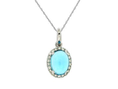 Cabochon Oval Blue Topaz and Diamond Halo Pendant