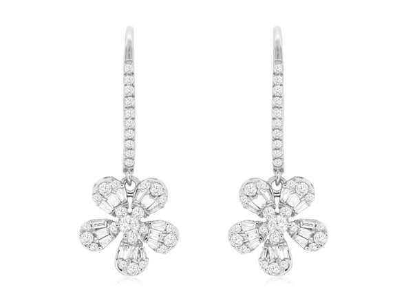 Baguette and Round Diamond Flower Design Drop Earrings