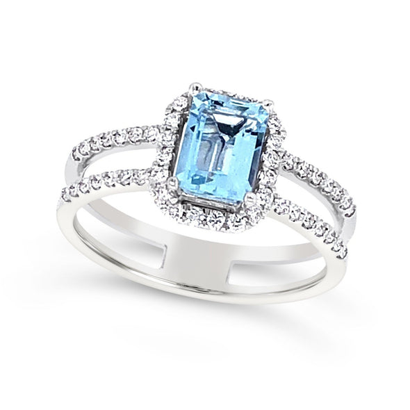 Emerald Cut Aquamarine and Open Two Row Diamond Ring