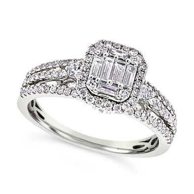 Baguette and Round Diamond Three Row Ring