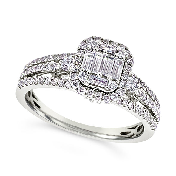 Baguette and Round Diamond Three Row Ring