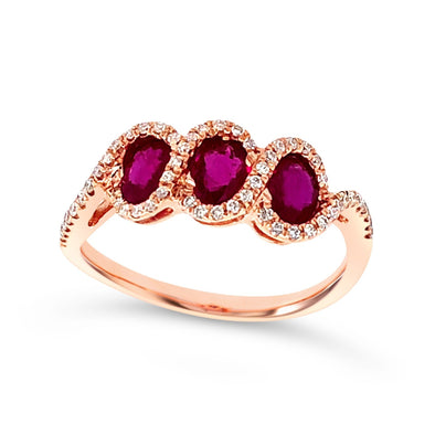 Three Stone Oval Ruby and Diamond Halo Ring