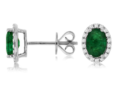 Oval Emerald and Diamond Halo Earrings