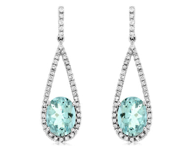 Oval Aquamarine and Diamond Open Halo Drop Earrings