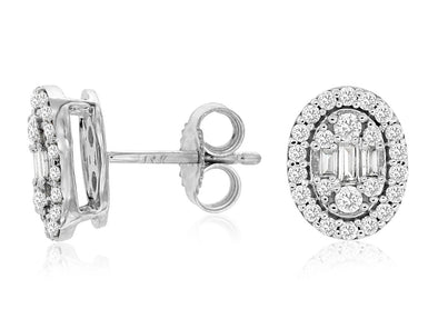 Oval Baguette and Round Diamond Cluster Earrings