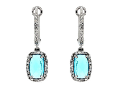 Cushion Cut Blue Topaz and Diamond Halo Drop Earrings