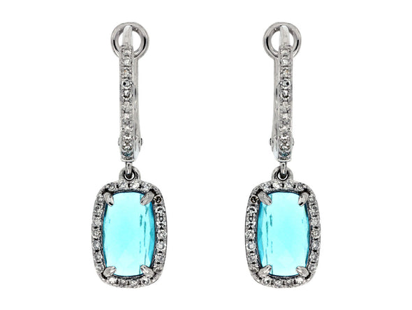 Cushion Cut Blue Topaz and Diamond Halo Drop Earrings
