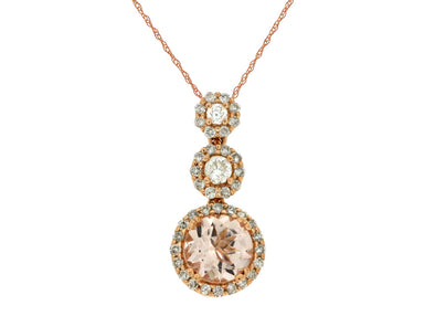 Round Morganite and Diamond Halo Three Stone Pendant