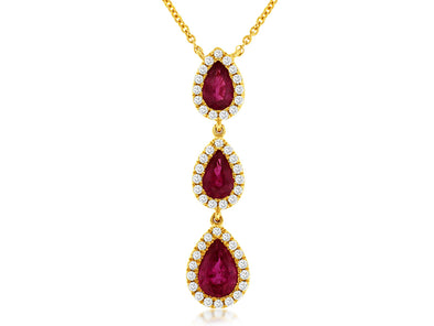 Three Pear Shaped Ruby and Diamond Halo Pendant