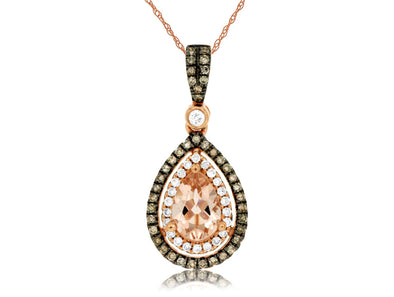 Pear Shaped Morganite and White and Cognac Diamond Pendant