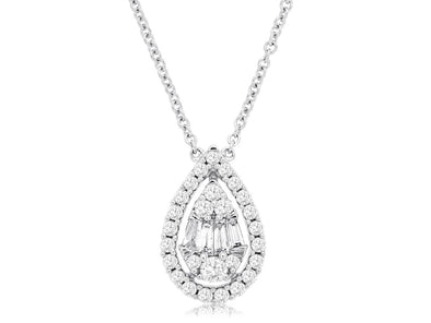 Baguette and Round Diamond Cluster and Diamond Halo Pendant