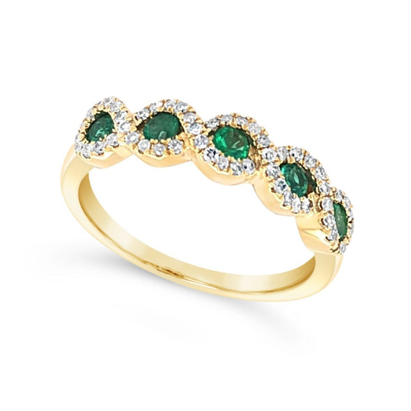 Five Emerald and Tapered Diamond Halo Ring