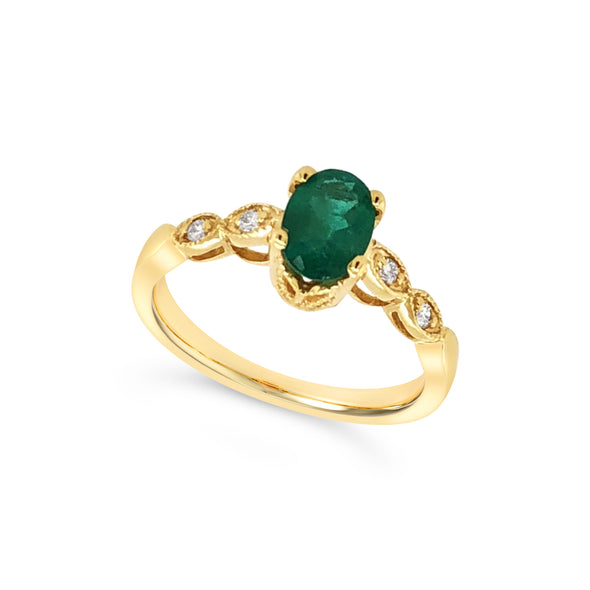Oval Emerald and Milgrain Edge Diamond Ring