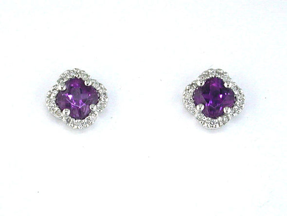 Amethyst and Diamond Clover Design Stud Earrings