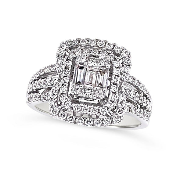 Baguette and Round Diamond Double Halo and Triple Shank Ring