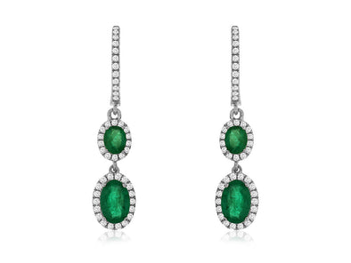 Emerald and Diamond Double Oval Design Dangle Earrings