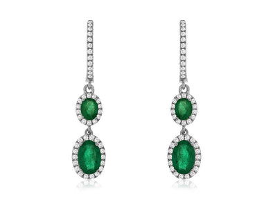 Emerald and Diamond Double Oval Design Dangle Earrings