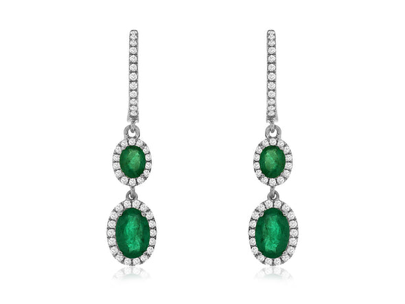 Emerald and Diamond Double Oval Design Dangle Earrings