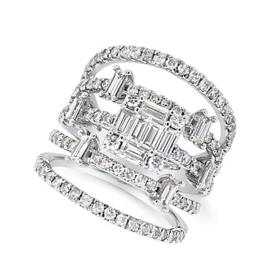 Baguette and Round Diamond Five Row Ring