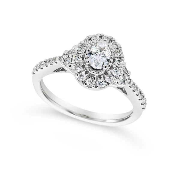 Oval Diamond and Halo Tapered Detail Engagement Ring