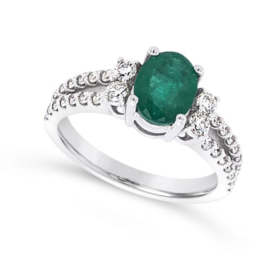 Emerald and Two Row Diamond Ring