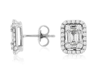 Baguette and Round Diamond Halo Cushion Shaped Earrings