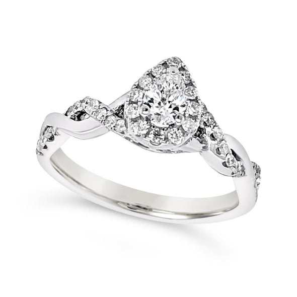 Pear Shaped Diamond Halo Engagement Ring with Twisted Mounting Design