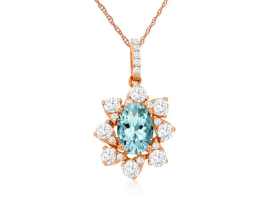 Oval Aquamarine and Flower Design Diamond Halo Pendant