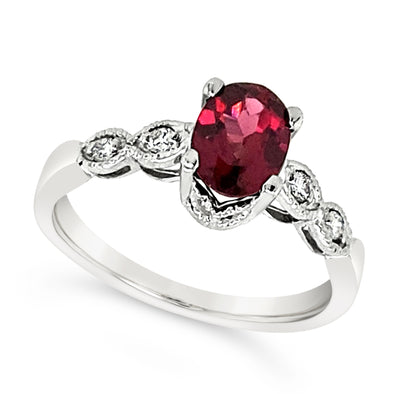Oval Rhodolite Garnet and Bezel Set Diamond Ring