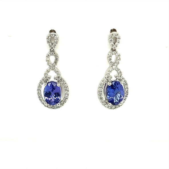 Tanzanite and Scroll Style Diamond Halo Drop Earrings