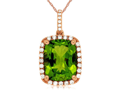 Cushion Shaped Peridot and Diamond Halo Pendant