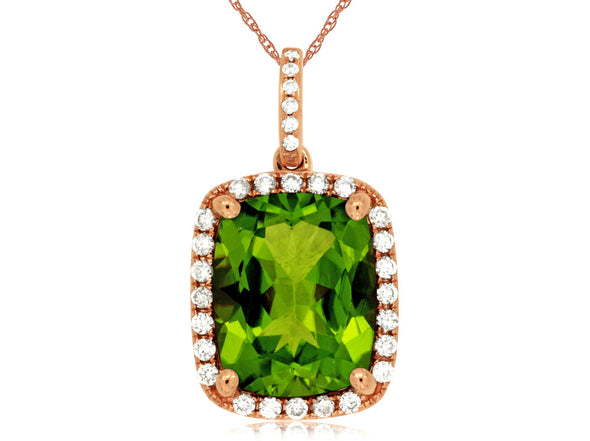 Cushion Shaped Peridot and Diamond Halo Pendant