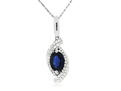 Oval Sapphire and Diamond Swirl Design Halo Pendant