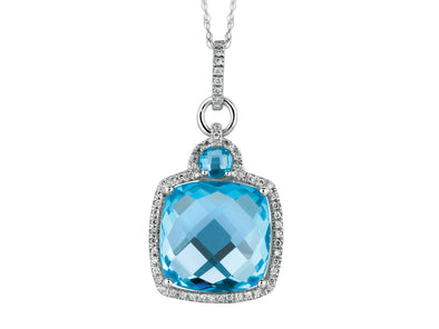 Cushion Shaped Blue Topaz and Diamond Halo Pendant