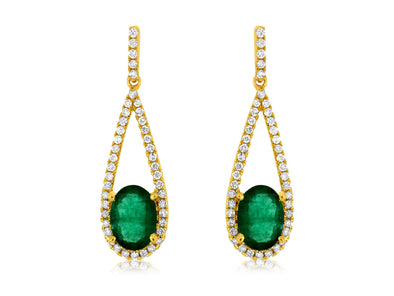 Oval Emerald and Open Diamond Halo Drop Earrings