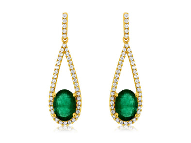 Oval Emerald and Open Diamond Halo Drop Earrings