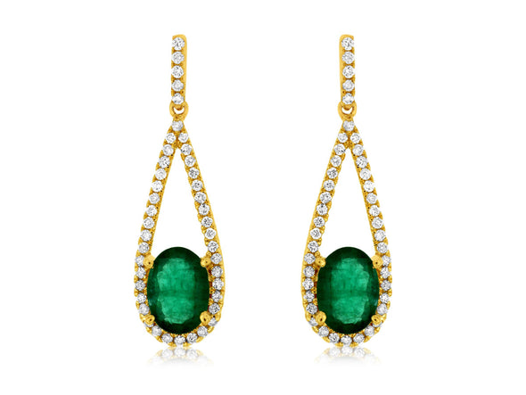 Oval Emerald and Open Diamond Halo Drop Earrings