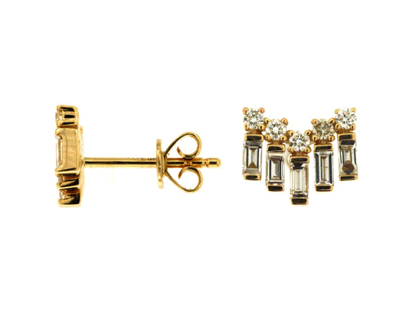Five Baguette and Round Diamond Design Stud Earrings