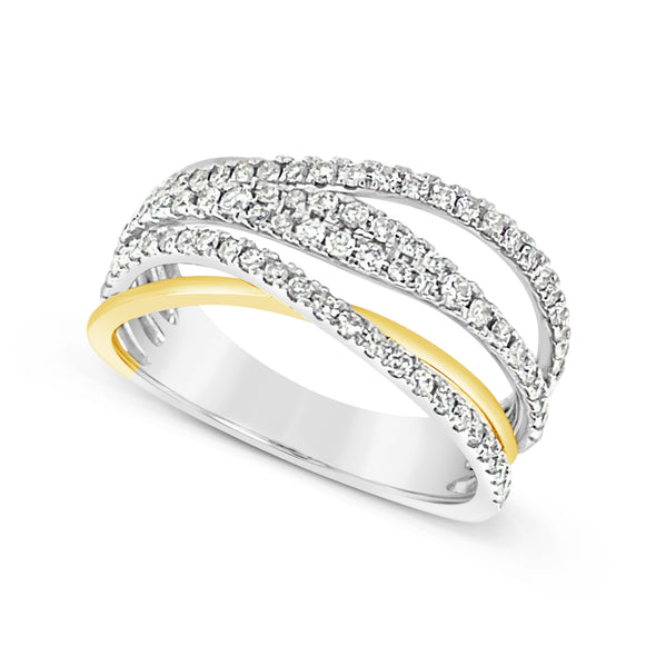 Diamond and Gold Multi Row Cross Over Design Ring