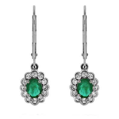 Vintage Style Oval Emerald and Diamond Halo Dangle Earrings