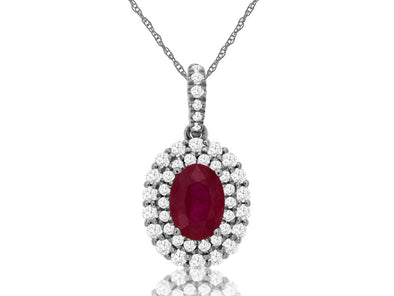 Oval Ruby and Double Diamond Halo Pendant
